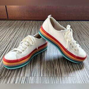 KEDS Triple Up Rainbow White Multi Leather Platform Sneakers
